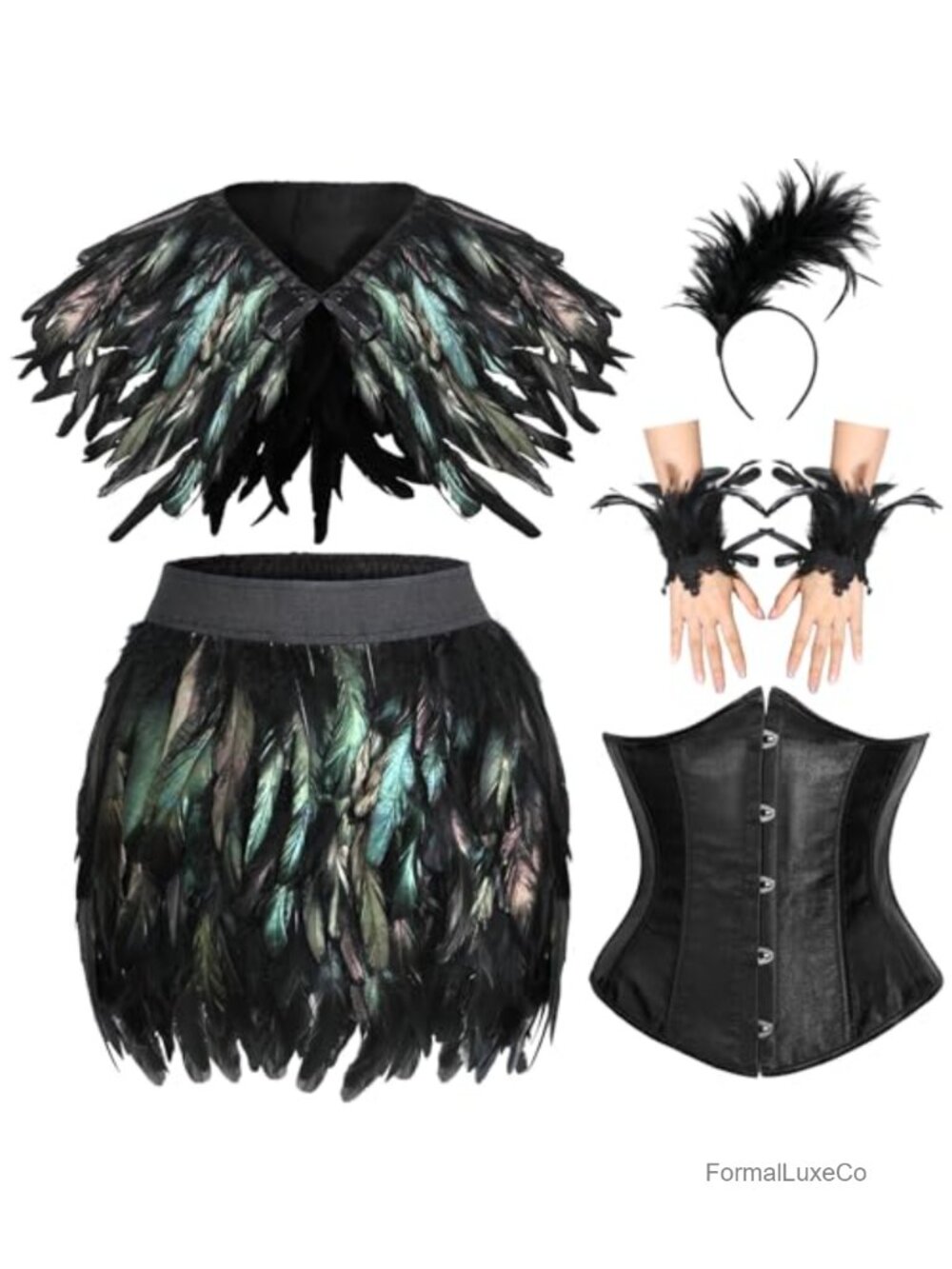 Feather Witch Costume Set Gothic Shrug Skirt Corset Cuffs Headband
